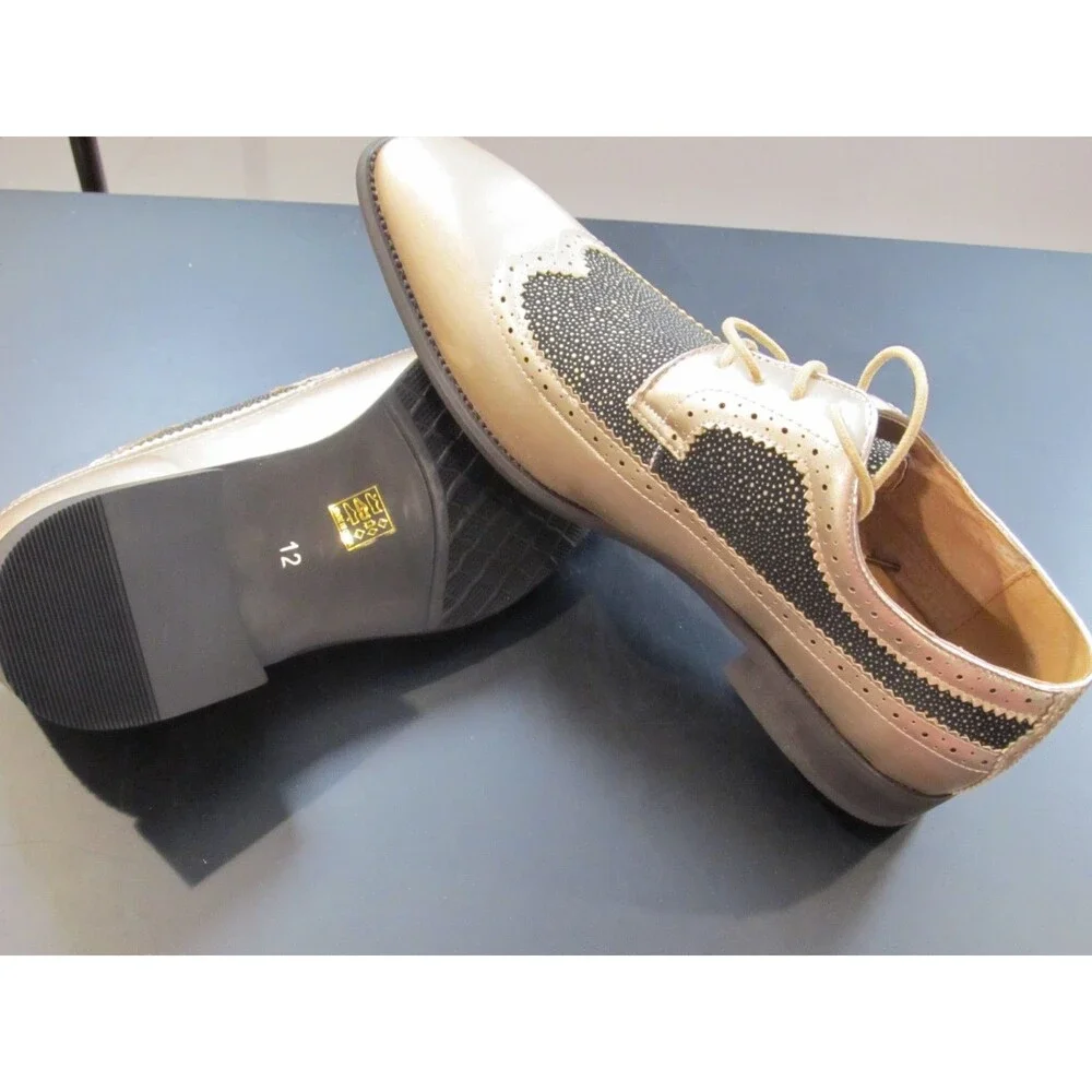 Majestic Mens 12 Gold Black Stingray Wingtip Oxford Dress Shoes NIB 99622